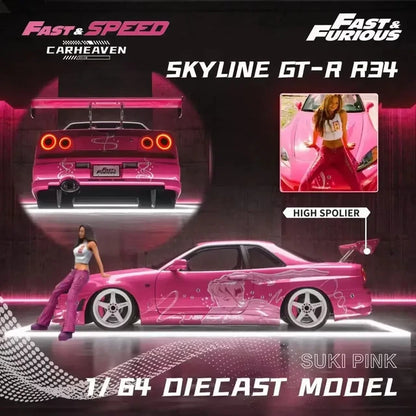 FS Skyline GT-R R34 High Wing Suki Pink *LIMITED 999* Diecast Model Car 1:64