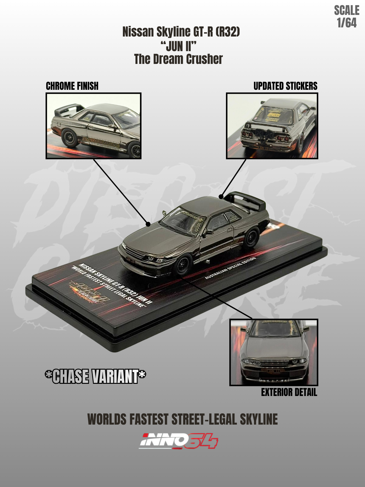 Nissan Skyline GTR R32 “JUN II” The Dream Crusher - INNO64 Diecast Nissan Skyline GTR R32 “JUN II” The Dream Crusher - INNO64 Diecast