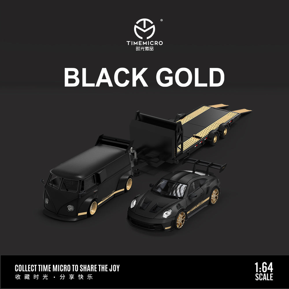 Porsche GT3 & Volkswagen T1 Black Gold Trailer Set - *LIMITED TO 999pcs* TimeMicro 1:64