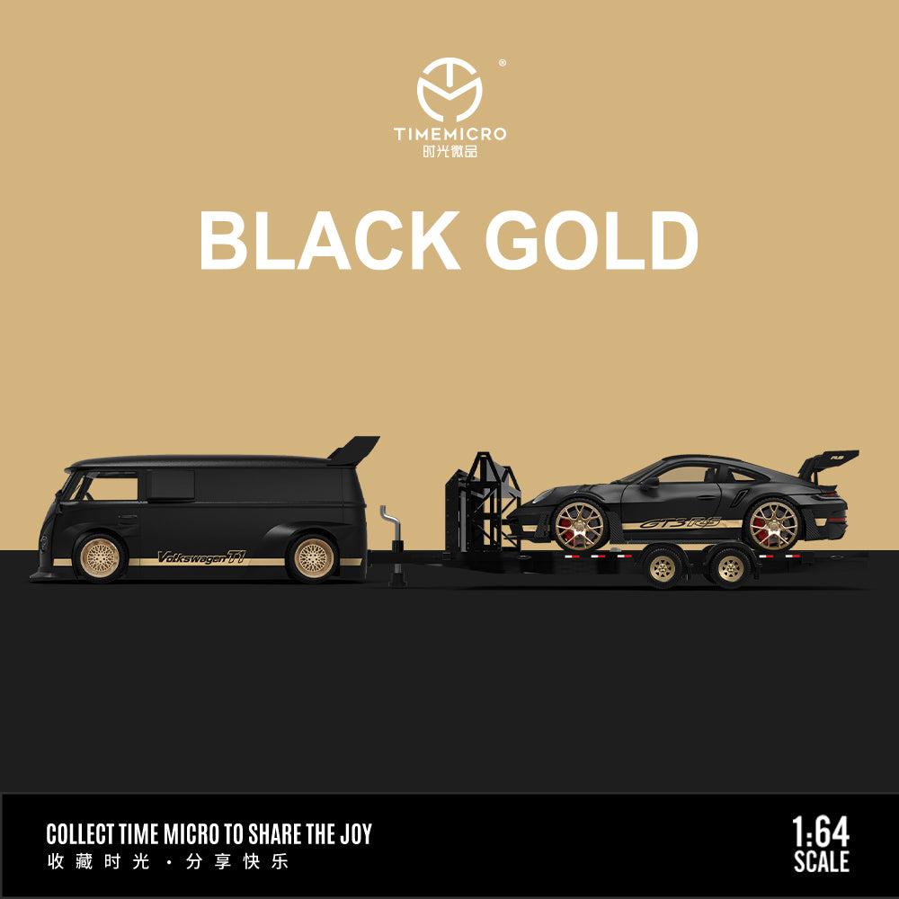 Porsche GT3 & Volkswagen T1 Black Gold Trailer Set - *LIMITED TO 999pcs* TimeMicro 1:64