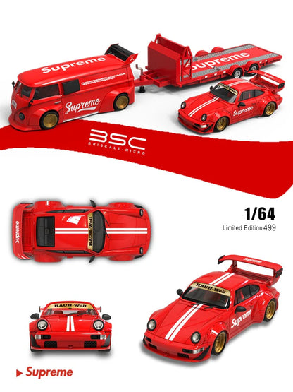 Briscale Micro - Trailer Set - Porsche 964 + VW T1 + Trailer Supreme (Limited to 499 Pieces World Wide) 1:64 Scale