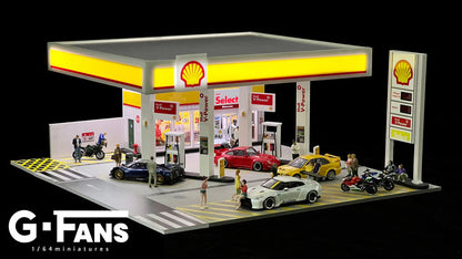 SHELL PETROL GAS FUEL STATION DIORAMA Display with LED Lights - G-FANS 1:64 (710035)