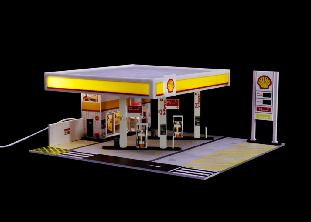 SHELL PETROL GAS FUEL STATION DIORAMA Display with LED Lights - G-FANS 1:64 (710035)