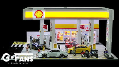 SHELL PETROL GAS FUEL STATION DIORAMA Display with LED Lights - G-FANS 1:64 (710035)