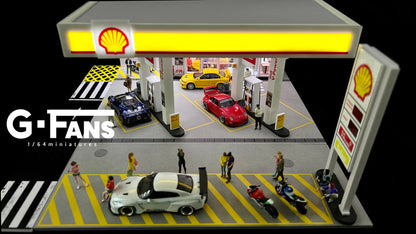 SHELL PETROL GAS FUEL STATION DIORAMA Display with LED Lights - G-FANS 1:64 (710035)