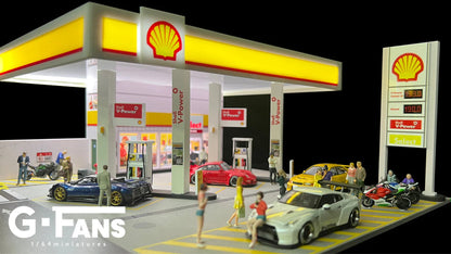 SHELL PETROL GAS FUEL STATION DIORAMA Display with LED Lights - G-FANS 1:64 (710035)