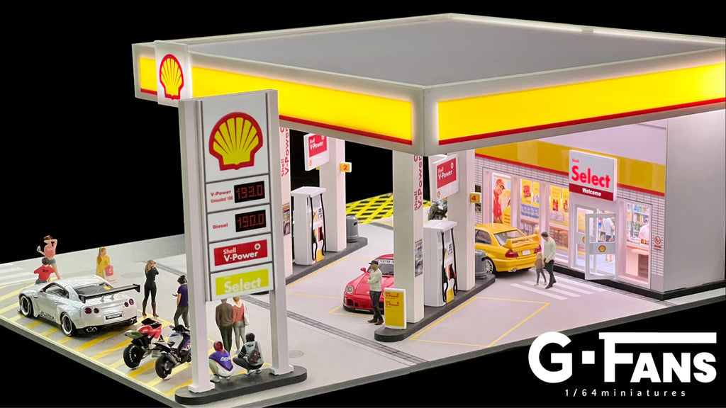 SHELL PETROL GAS FUEL STATION DIORAMA Display with LED Lights - G-FANS 1:64 (710035)